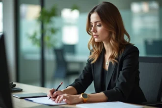 Femme en tenue professionnelle dans un bureau moderne