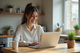 Jeune femme souriante travaillant sur un ordinateur dans la cuisine