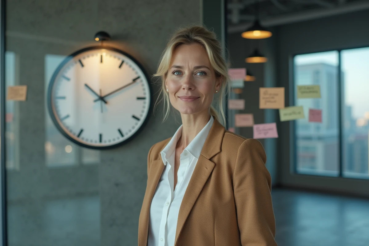 Femme professionnelle debout devant une horloge murale affichant 22h22 dans un bureau moderne, évoquant les erreurs d'interprétation des signaux numériques
