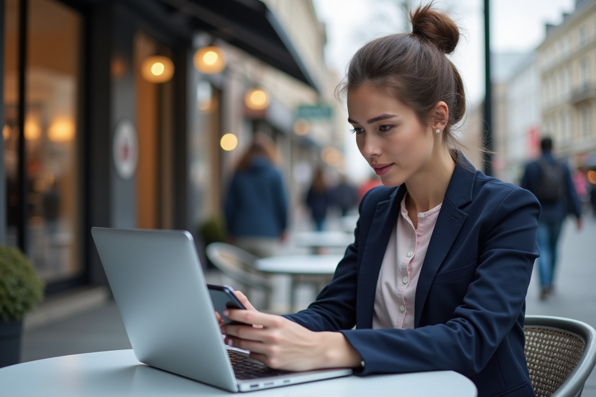 Jeune femme au café analysant un graphique numérique