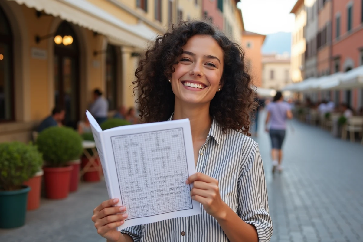 Jeune femme souriante tenant un puzzle dans une piazza italienne