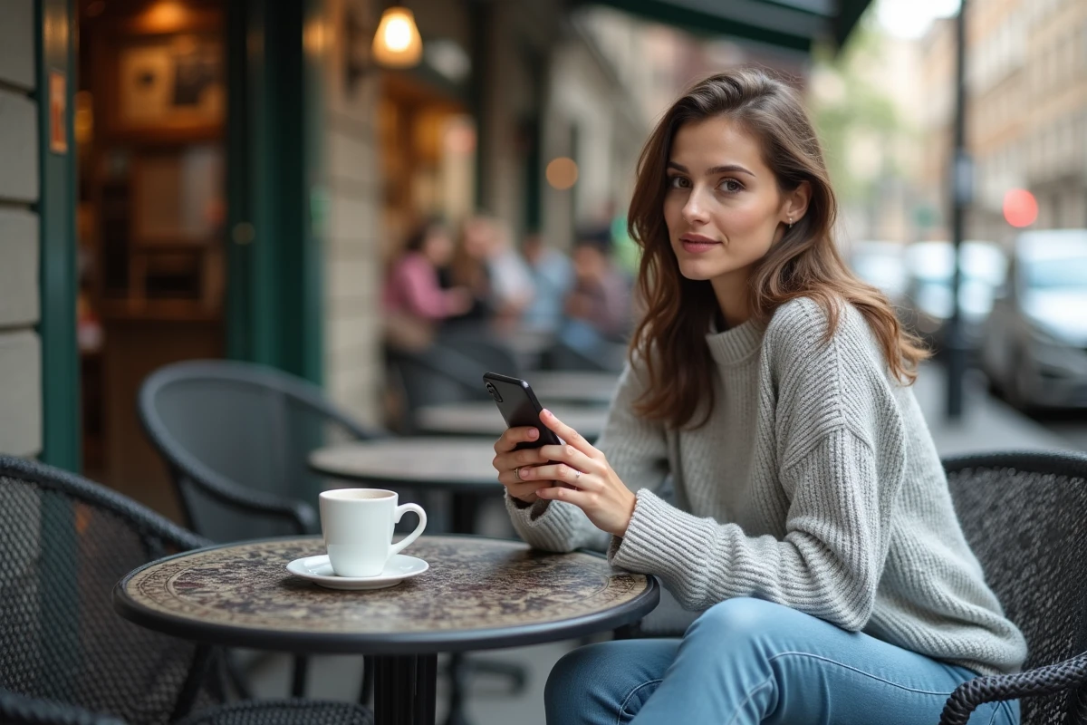 Femme au café entrant un numéro international