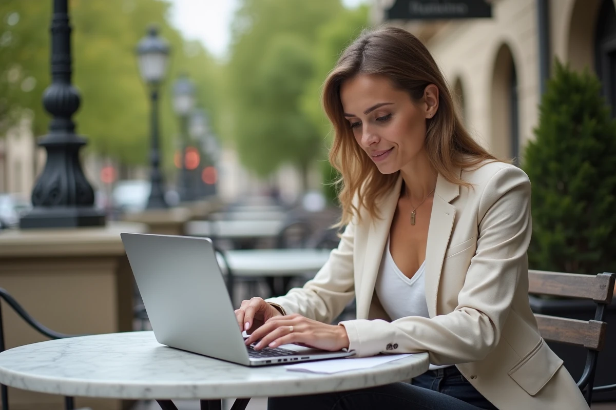 Femme travaillant en terrasse de café dans une grande métropole française entourée d'un cadre urbain verdoyant