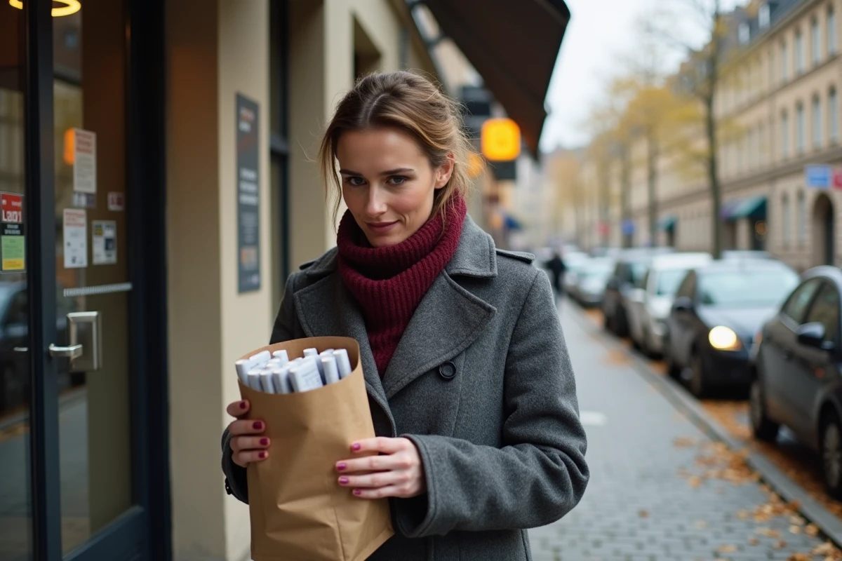 Femme tenant un sac de cartouches de cigarettes achetées au Luxembourg devant une boutique de tabac, consultant son ticket de caisse
