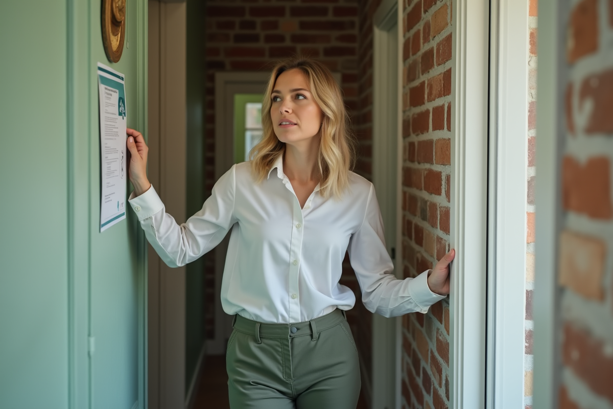 Jeune femme accroche un certificat energie devant sa porte