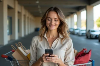 Femme utilisant un code promo Carrefour Drive sur son smartphone devant une zone de retrait en drive