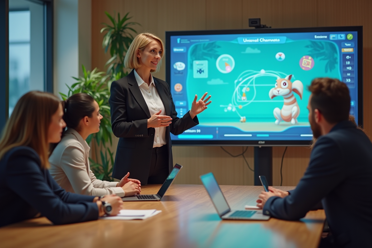 Femme d affaires collaborant avec collègues sur un écran tactile