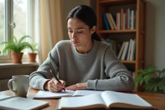 Femme concentrée corrigeant des erreurs de conjugaison française dans un cahier, entourée de livres de grammaire