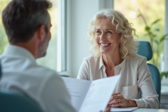 Femme souriante discutant options d'implants dentaires avec un dentiste