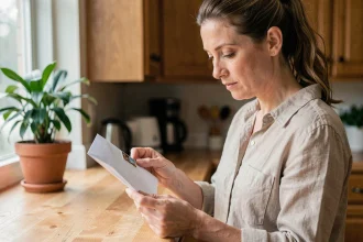 Femme examinant une enveloppe et un timbre dans une cuisine, illustration de la tarification postale 2026