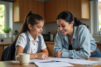 Femme et fille regardent des documents dans la cuisine