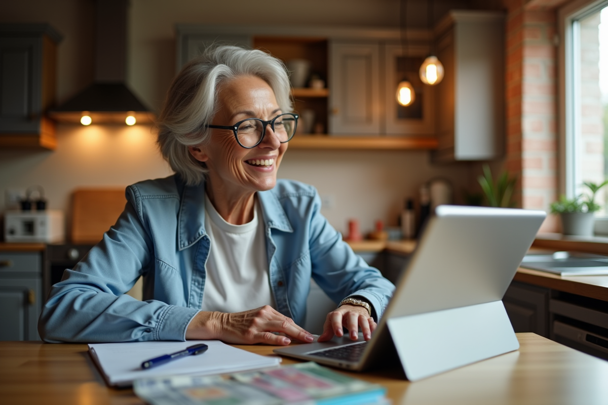 Femme moyenne âge vérifiant ses dépenses à la maison