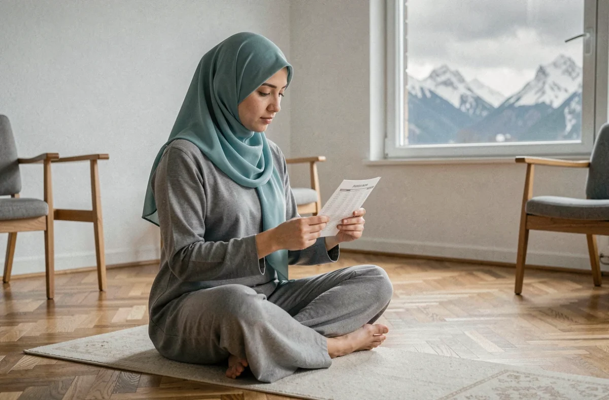 Jeune femme musulmane consultant les horaires de prière d'hiver sur un calendrier dans un appartement de Grenoble avec vue sur les montagnes