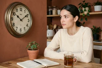 Femme contemplative regardant une horloge affichant 21h21 dans un appartement cosy, symbolisant la signification de l'heure miroir