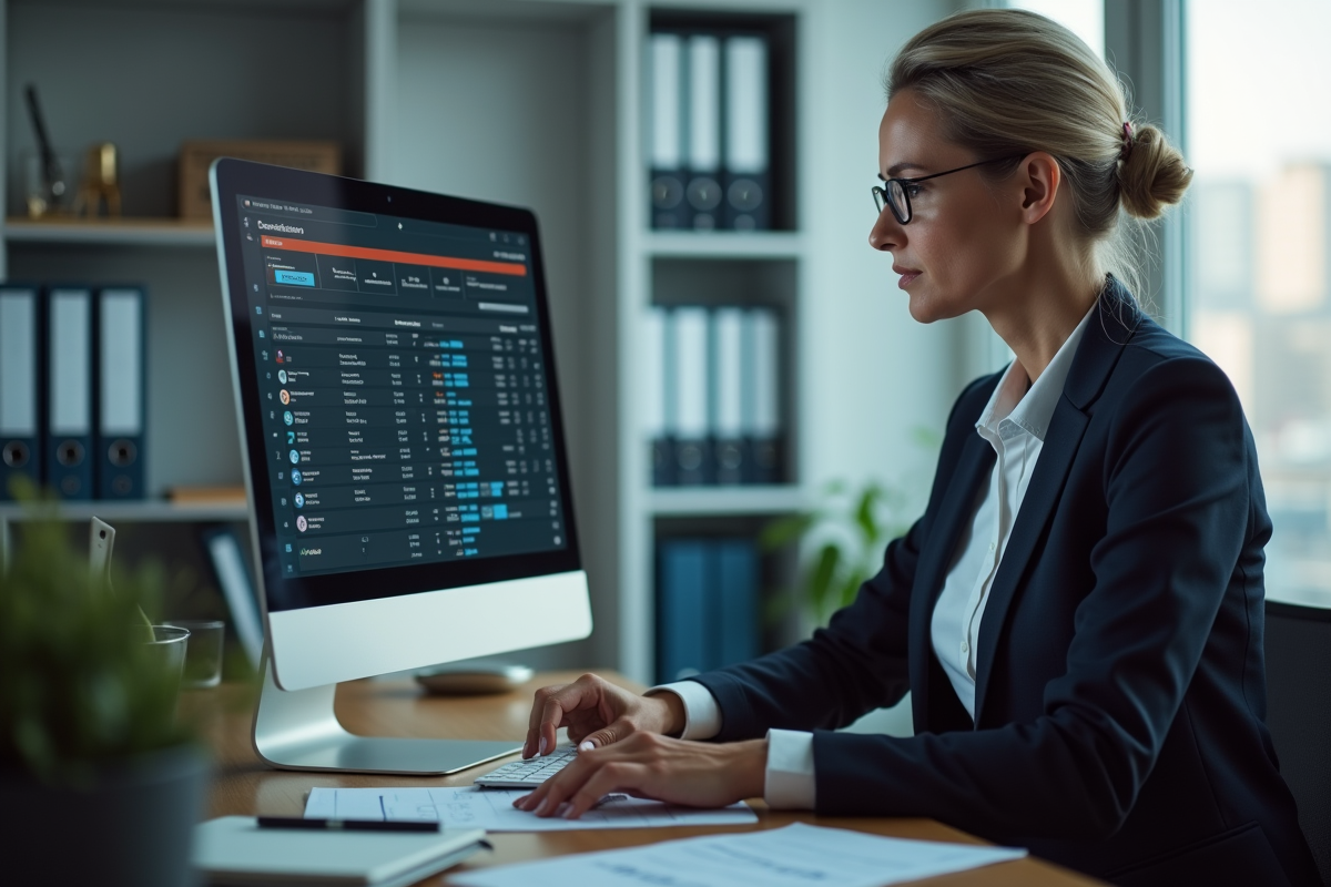 Femme gestionnaire HR consulte logiciel de paie au bureau