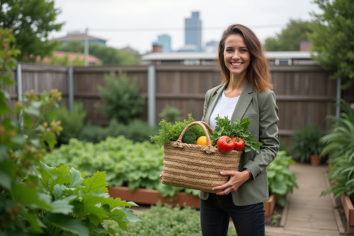 Jeune femme dans un jardin urbain avec panier de légumes
