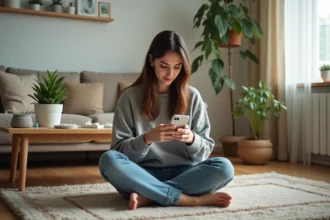 Jeune femme jouant à Monopoly Go sur smartphone dans un salon lumineux
