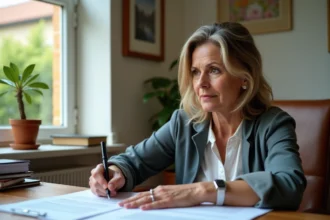 Femme d'âge moyen lisant des documents chez elle