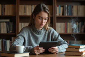 Femme lisant un ebook sur une tablette entourée de livres dans un bureau à domicile, illustrant la question de la légalité des sites de téléchargement de livres numériques en France