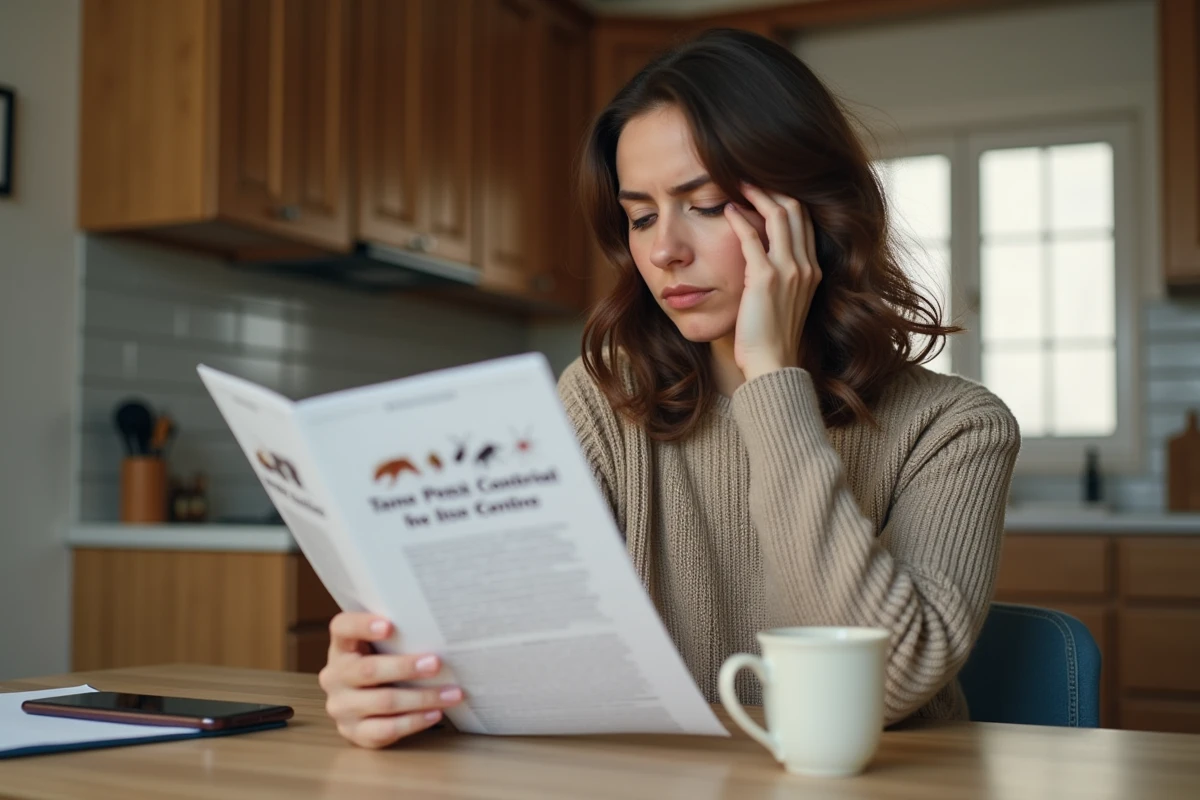 Femme lisant une brochure de traitement contre les nuisibles