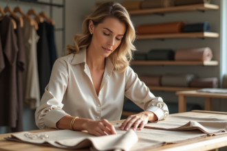 Femme élégante touchant des tissus de luxe dans un showroom