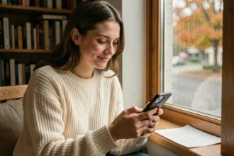 Jeune femme mélancolique lisant un message d'amour sur son téléphone près d'une fenêtre pluvieuse