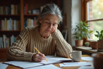 Femme concentrée résolvant des mots fléchés sur le thème des chants religieux à une table en bois