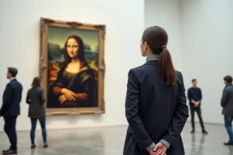 Femme admirant la Joconde dans un musée d'art contemporain, illustration des peintures célèbres que tout le monde connaît