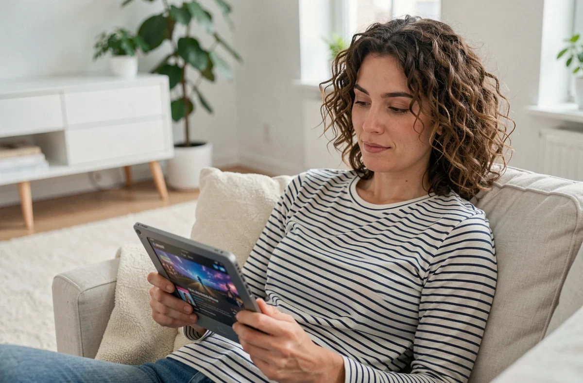 Femme parcourant un site de jeux en ligne sur une tablette depuis son canapé dans un appartement moderne
