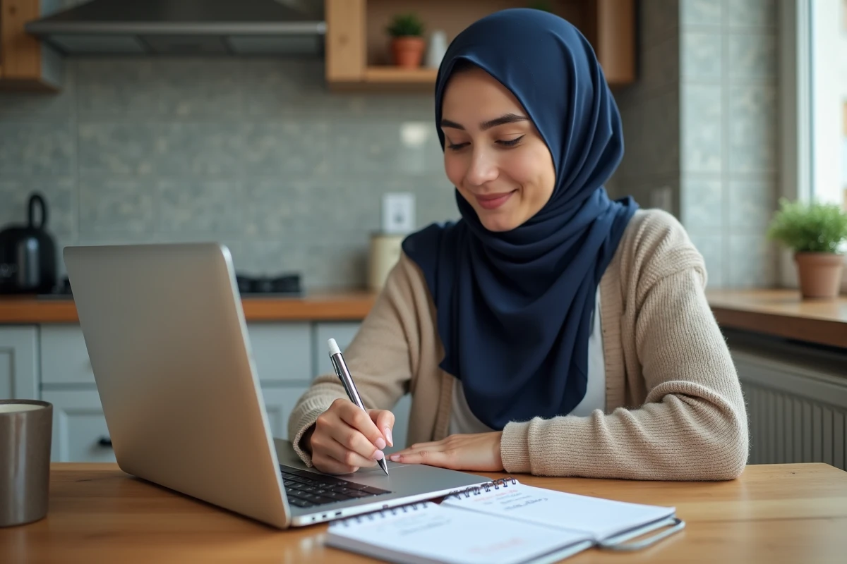 Femme planifiant les horaires de prière 2026 sur ordinateur et agenda papier à la maison