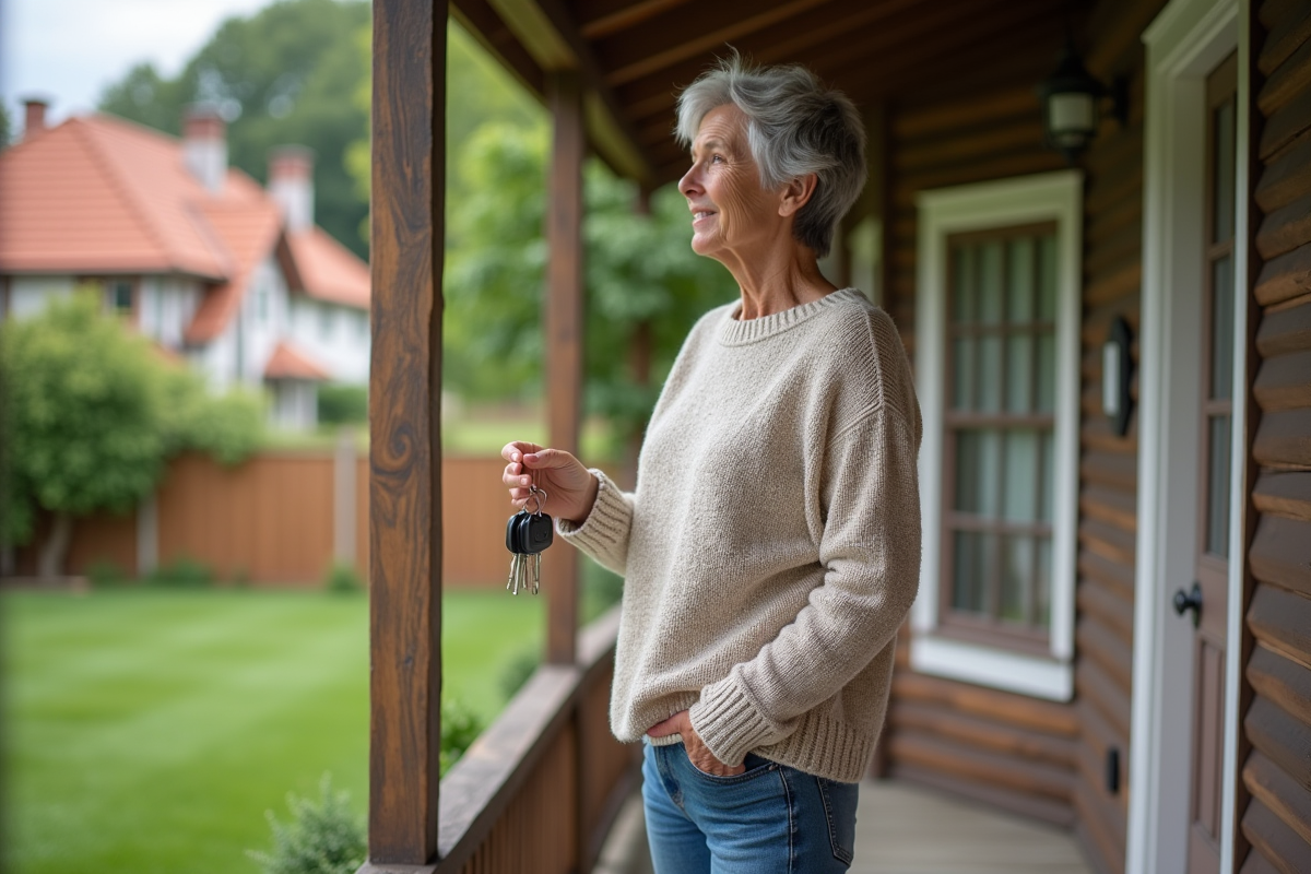 Femme d'âge moyen dans un cadre rural avec clés à la main