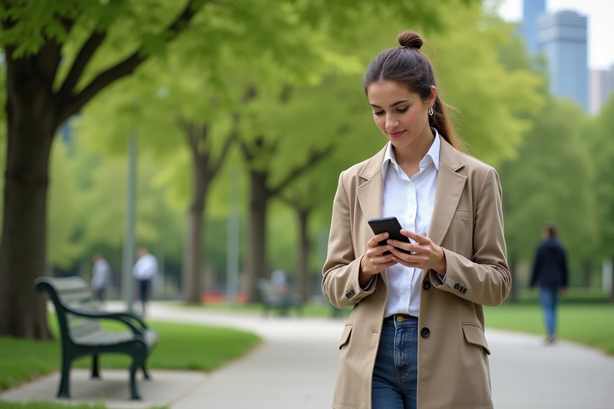 Femme vérifiant son portefeuille financier en parc urbain