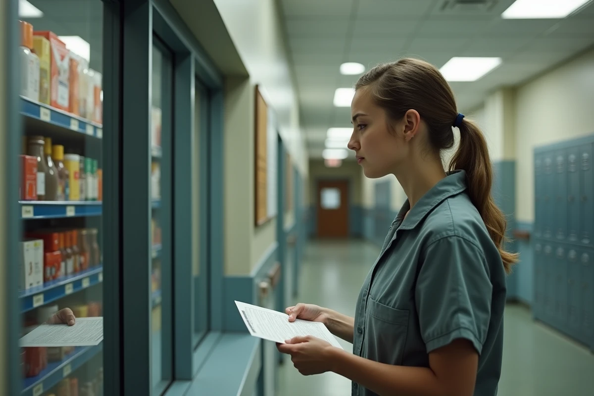 Jeune femme en prison remettant un formulaire au personnel