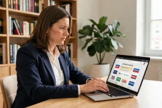 Femme concentrée répondant à un quiz politique sur son ordinateur portable dans un bureau à domicile