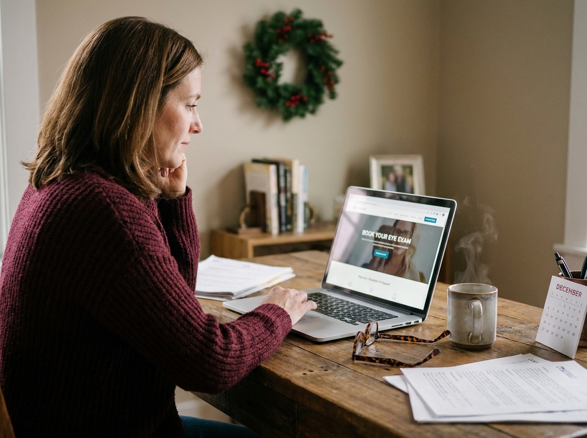 Femme consultant un site web d'opticien sur son ordinateur portable avant les fêtes de fin d'année
