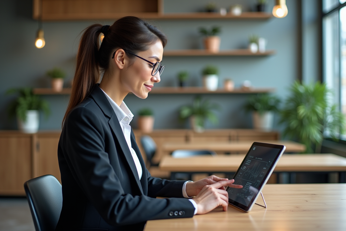 Femme en blazer utilisant une tablette de realite augmentee