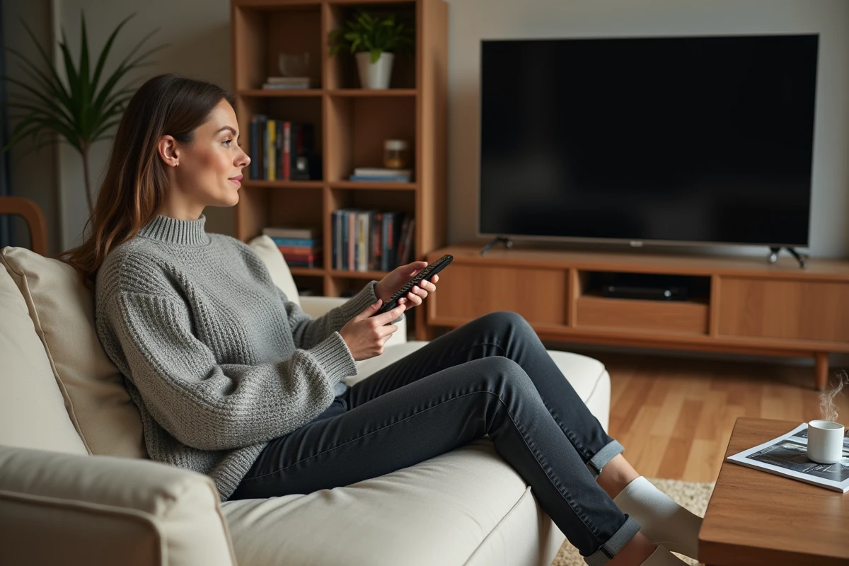 Femme regardant la télévision depuis son canapé avec un programme TV en main dans un salon cosy