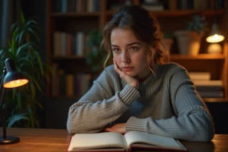 Femme contemplative fixant un réveil numérique affichant 22h22 dans un bureau à domicile, illustrant les questions d'interprétation des nombres répétitifs