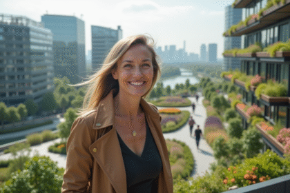 Femme souriante sur un toit vert avec ville futuriste