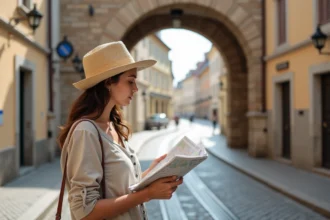 Jeune femme roumaine étudie une carte devant la porte médiévale d'Arad