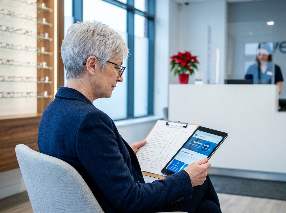 Femme mature avec tablette et checklist imprimée dans une salle d'attente d'opticien avant les fêtes
