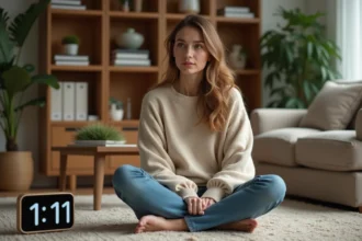 Femme assise sur le sol avec horloge 1h11 dans un salon chaleureux