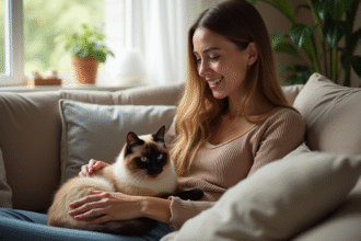 Femme souriante caressant son chat siamois dans le salon