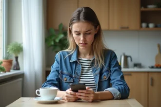 Jeune femme frustrée regarde son smartphone à la maison