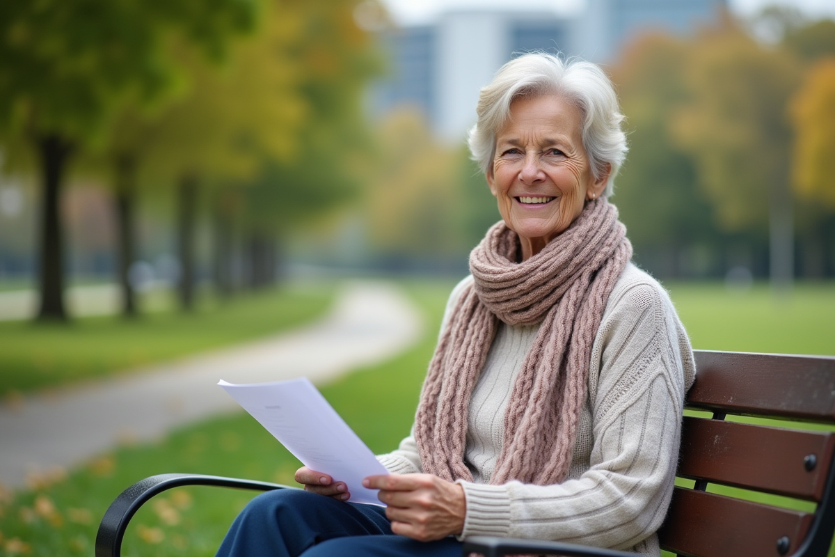 Femme souriante assise dans un parc avec un relevé de pension