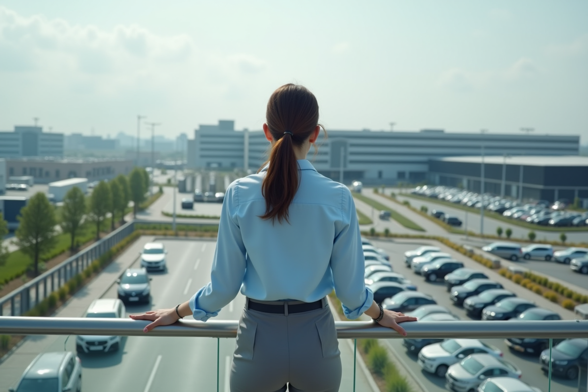 Jeune femme observant l usine automobile depuis un pont