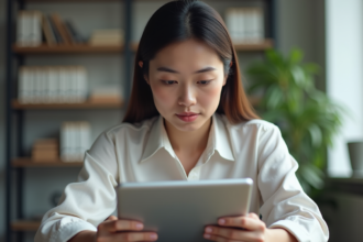 Femme en réunion consultante des lignes directrices sur une tablette