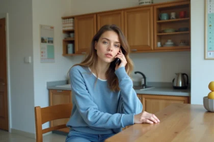Jeune femme au téléphone dans une cuisine lumineuse