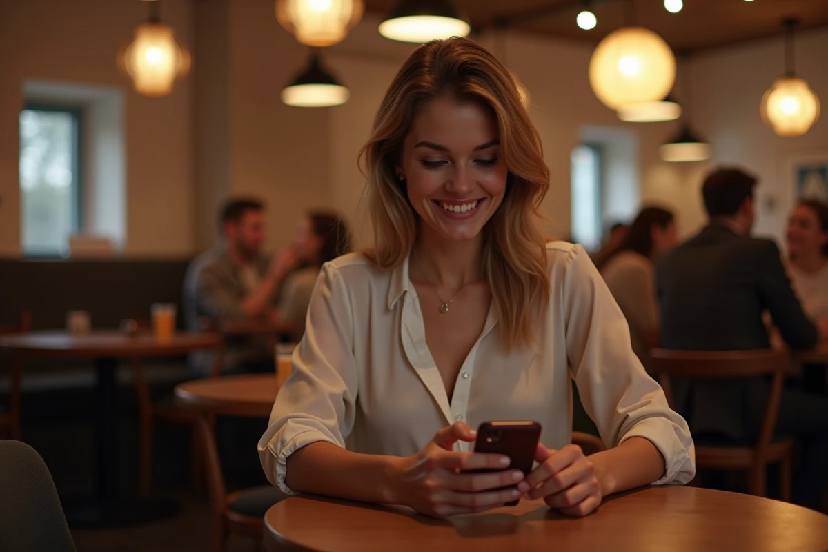 Jeune femme vérifiant son téléphone dans un lounge à Lille