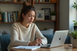 Jeune femme concentrée travaillant à son bureau à la maison